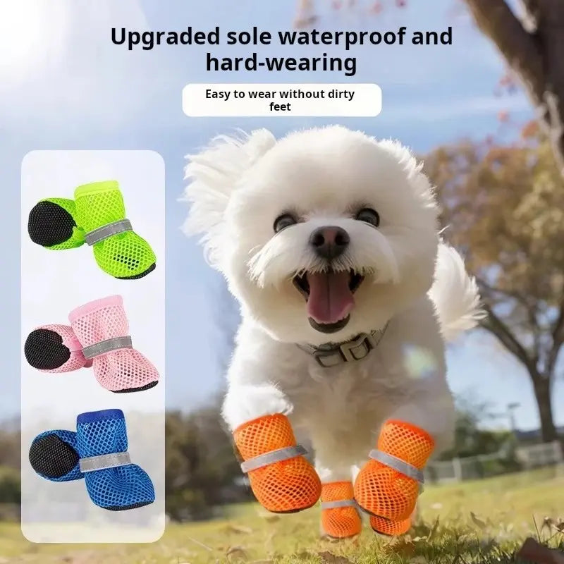 Breathable Anti-Slip Dog Puppy Poodle Shoes Set, New Pet Mesh Reflective Hollow Out Shoes, Thick Sole Non-Slip Wear Resistant, Small Medium Dogs Paws