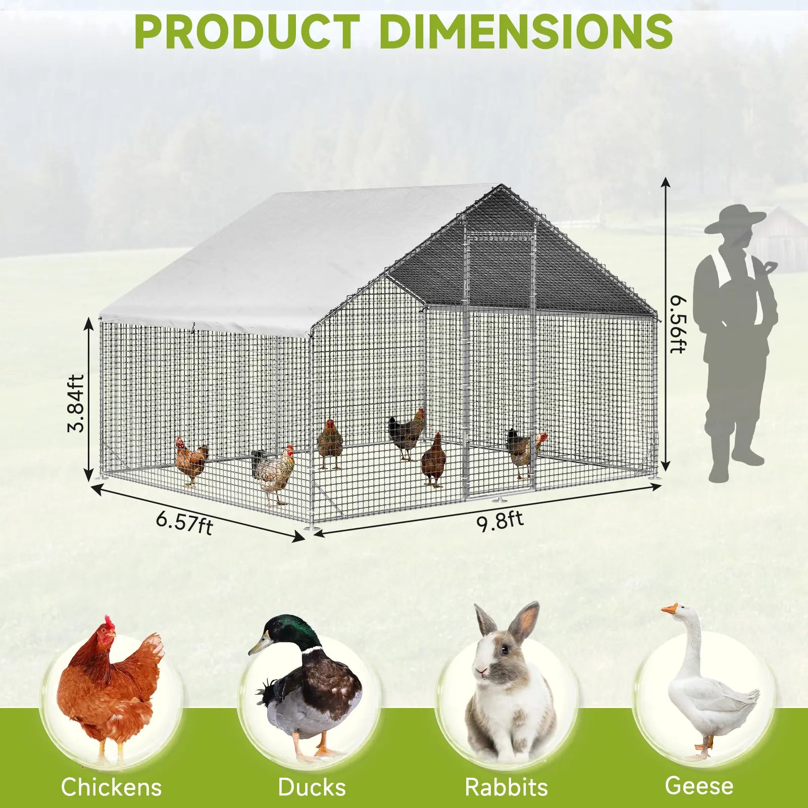Petony Large Metal Chicken Coop - Galvanized Heavy-Duty Outdoor Poultry Cage with Anti-Uv Cover, Security Lock, Backyard Farm Enclosure for Hens (No Battery Required)