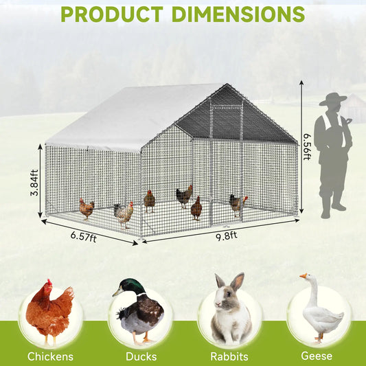 Petony Large Metal Chicken Coop - Galvanized Heavy-Duty Outdoor Poultry Cage with Anti-Uv Cover, Security Lock, Backyard Farm Enclosure for Hens (No Battery Required)
