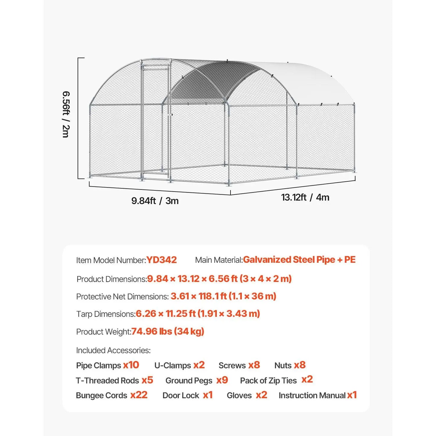 【Fathersdaygift】Vevor Metal Chicken Coop, , 9.8X13.1X6.5 Ft Large Walk-In Chicken Runs with Cover, Doom Roof Hen House Enclosure with Security Lock, Outdoor Duck Rabbit Cage Poultry Pen for Backyard, Farm, Yard