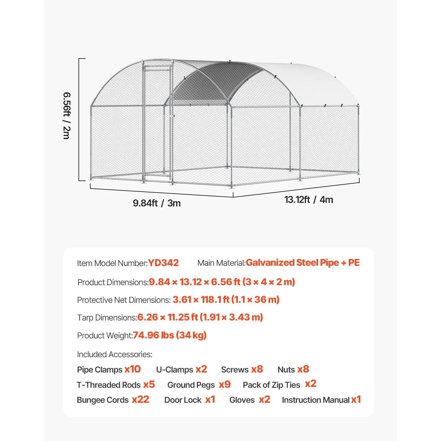 【Fathersdaygift】Vevor Metal Chicken Coop, , 9.8X13.1X6.5 Ft Large Walk-In Chicken Runs with Cover, Doom Roof Hen House Enclosure with Security Lock, Outdoor Duck Rabbit Cage Poultry Pen for Backyard, Farm, Yard