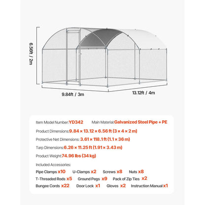 【Fathersdaygift】Vevor Metal Chicken Coop, , 9.8X13.1X6.5 Ft Large Walk-In Chicken Runs with Cover, Doom Roof Hen House Enclosure with Security Lock, Outdoor Duck Rabbit Cage Poultry Pen for Backyard, Farm, Yard