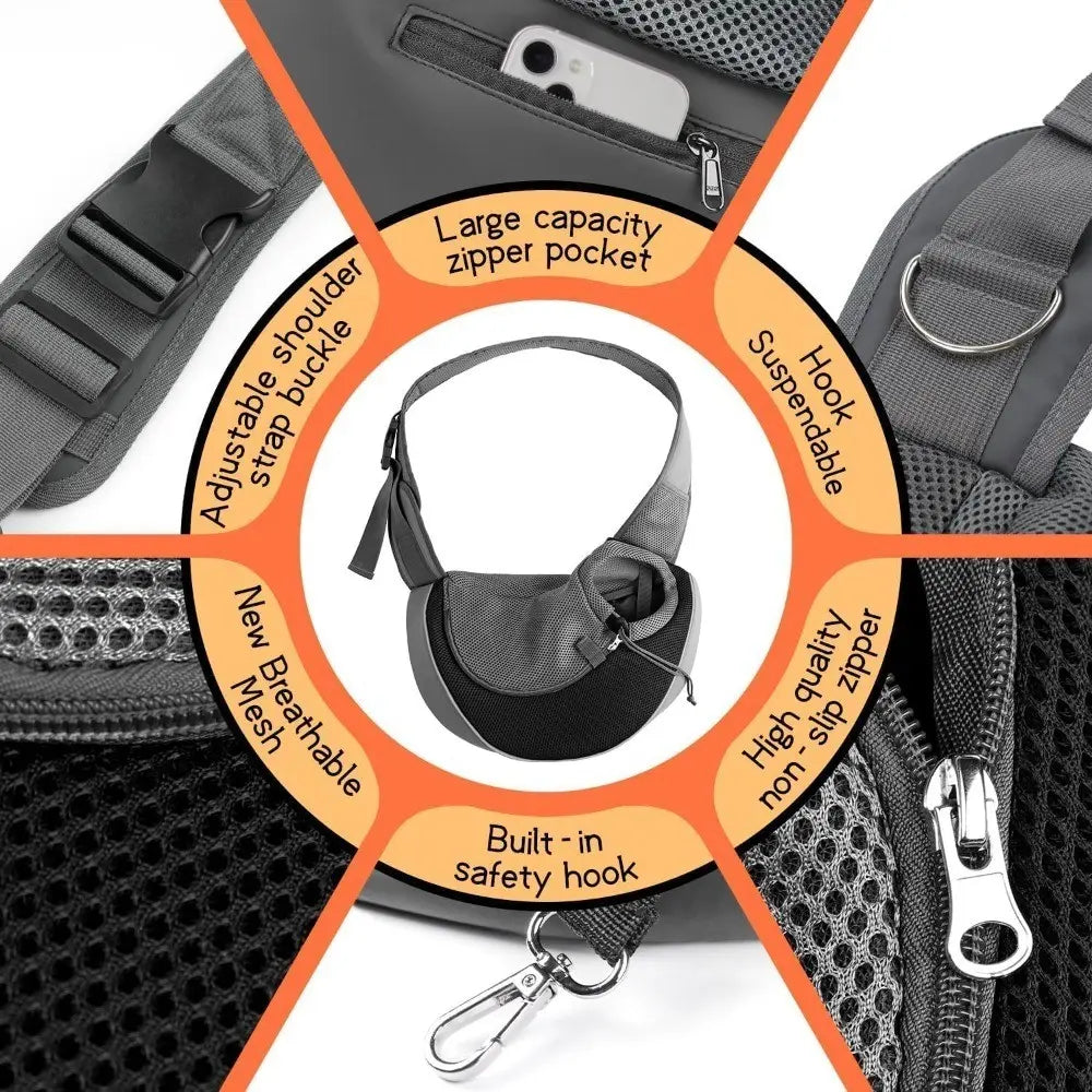 Pet Sling Carrier for Small Dogs & Cats – Hands-Free Puppy Carrier with Safety Hook, Large Zipper Pocket, Soft Breathable Mesh, Adjustable Strap，Crossbody Satchel Dog Pocket for Outdoor
