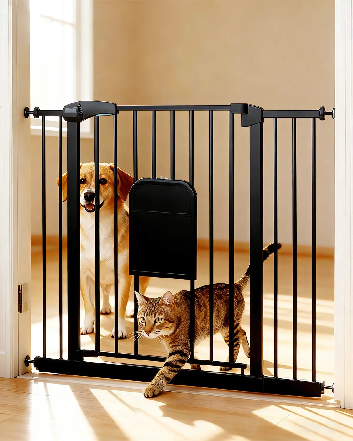 Adjustable Pet Gate with Cat Door, Auto-Close Pressure-Mounted Safety Gate for Doorways & Stairs – Ideal for Multi-Pet Homes (29–45 Inches, White/Black)