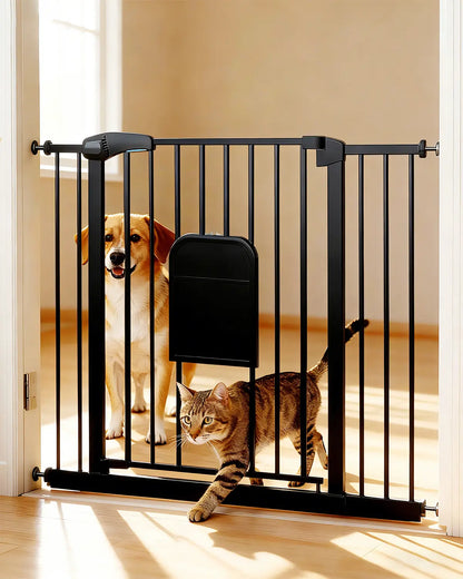 Adjustable Pet Gate with Cat Door, Auto-Close Pressure-Mounted Safety Gate for Doorways & Stairs – Ideal for Multi-Pet Homes (29–45 Inches, White/Black)