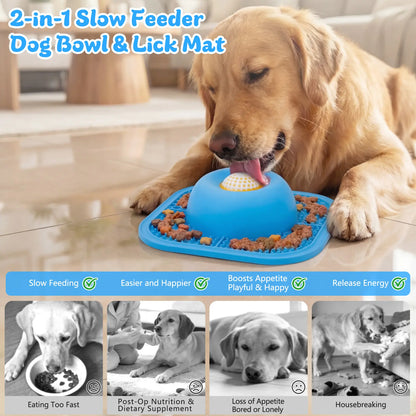 FYY Slow Feeder Dog Bowls & Lick Mat for Liquid and Thick Treat, Anti-Slip Dog Lick Bowl with Interactive Rolling Ball, 5/6 Cup Pup Licking Toy for Large Medium Small Dogs and Cats Blue