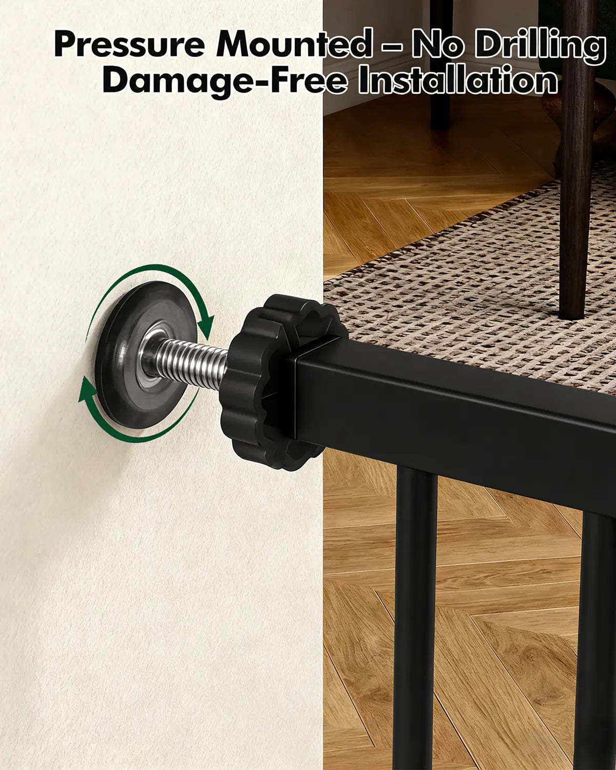 Adjustable Pet Gate with Cat Door, Auto-Close Pressure-Mounted Safety Gate for Doorways & Stairs – Ideal for Multi-Pet Homes (29–45 Inches, White/Black)
