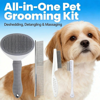 Pet Grooming Kit - 4-Piece Shedding Tools Set with Self-Cleaning Slicker Brush, Dual-Sided Stainless Steel Dematting Comb, Tear Stain Comb, and Fur Removal Tool for Dogs and Cats of All Coat Types