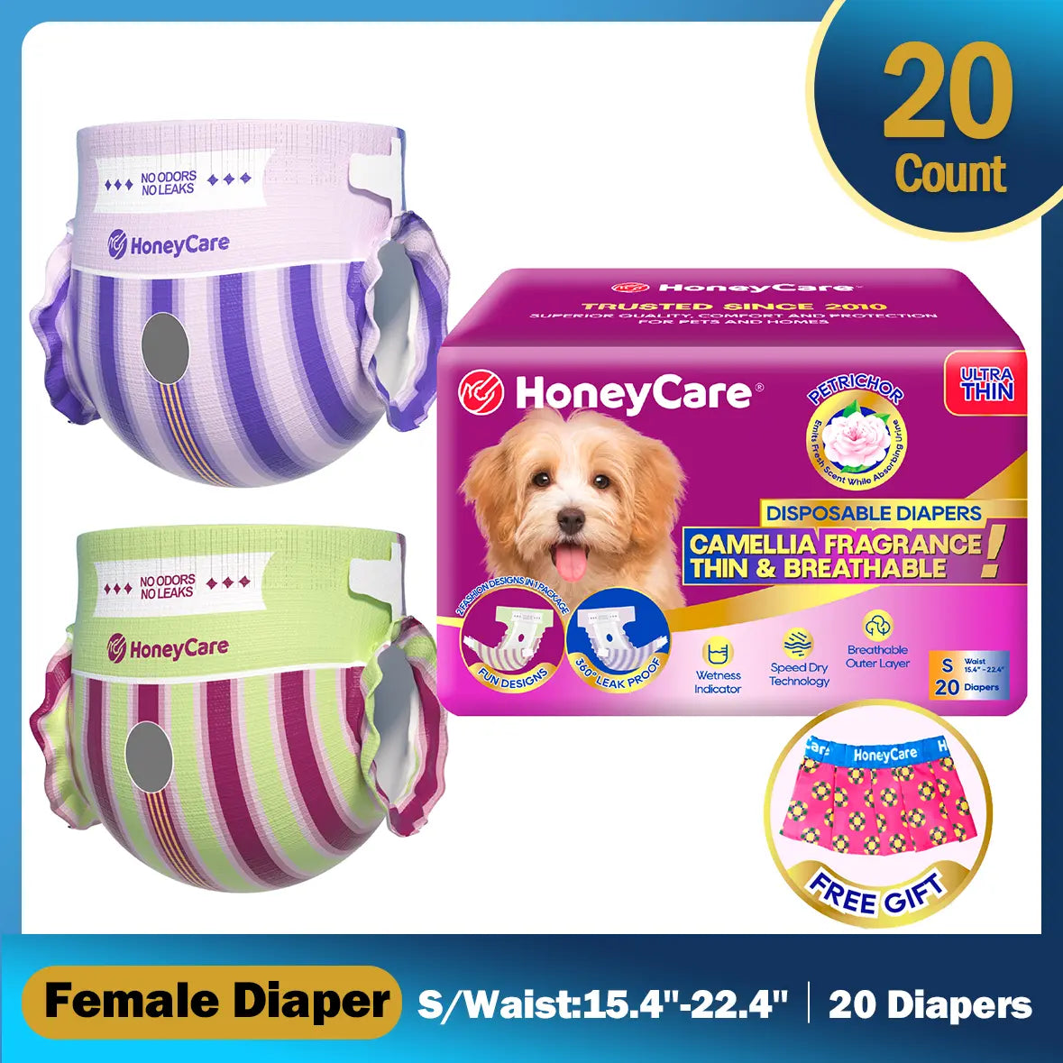 [D][Buy 2 Get 1 Free!(Total 3Packs)] Honeycare Petrichor Absorbent Liner Nappies for Female Dogs, Camellia Fragrance, Fresh Scent While Absorbing Urine, Thin & Breathable, 2 Fashion Designs per Package, 4-In-1
