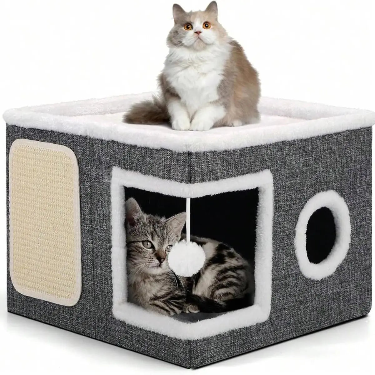 A Cat Bed Suitable for Indoor Cats, with a Large Cat Hole for a Comfortable Apartment, Fluffy Hanging Balls, round Windows, a Foldable Indoor Cat House, Capable of Bearing up to 30 Pounds , with Double-Sided Soft Cushions, Suitable for All Seasons Home