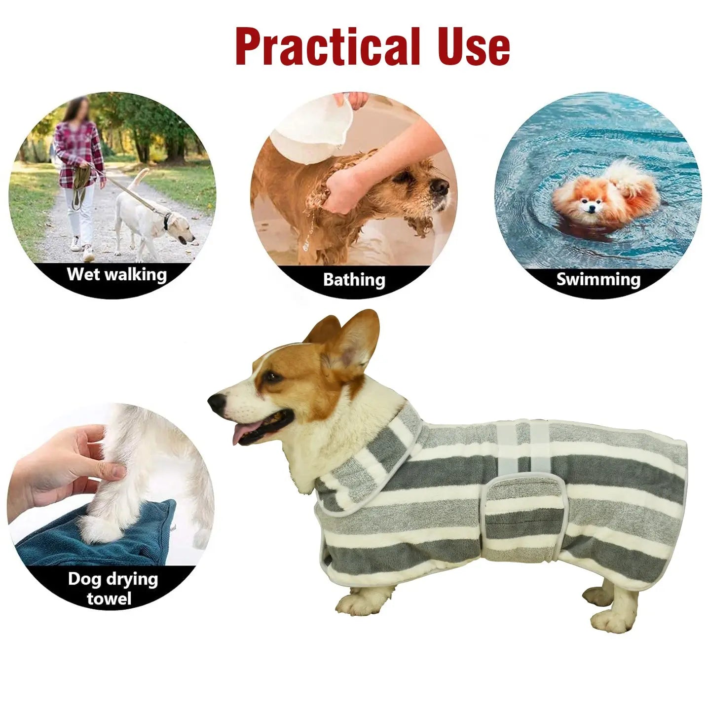 Plush Warm Dog Dress and Quick-Dry Bathrobe - Super Absorbent Shower Towel and Striped Pajamas Sleepwear for Small, Medium, and Large Dogs