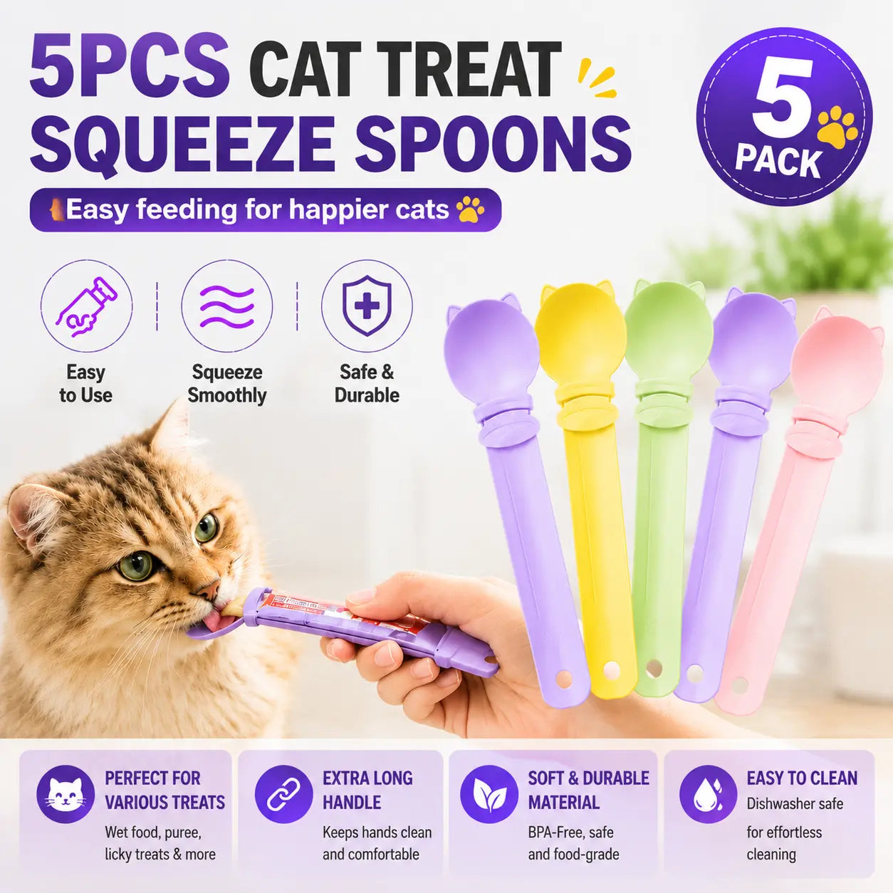 5Pcs Cat Treat Squeeze Spoon Multifunctional Dispenser for for Wet Food, Licky Treats & Puree Tubes, Easy Feeding and Storage with with Extra Long Handle Design, Cat Accessories