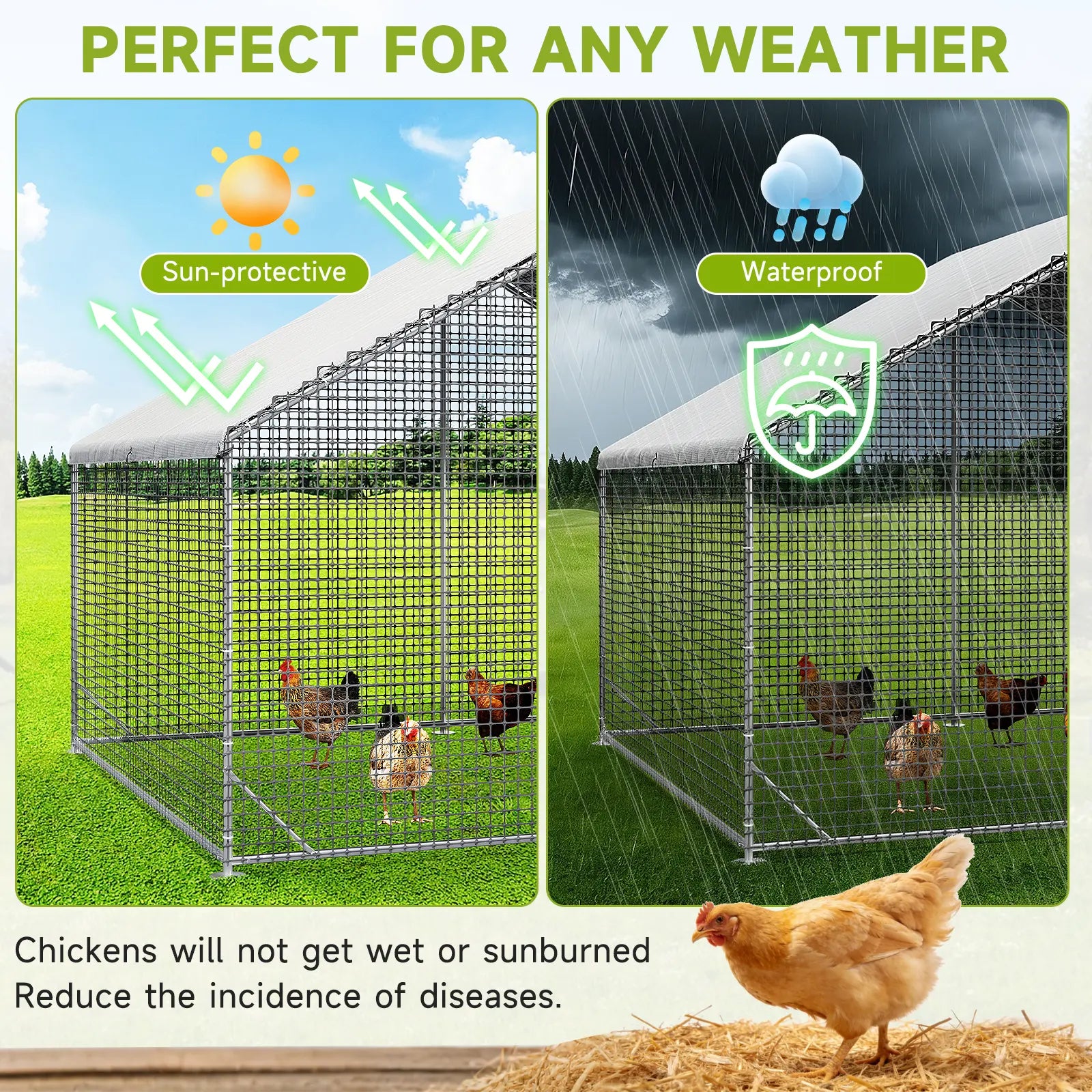 Petony Large Metal Chicken Coop - Galvanized Heavy-Duty Outdoor Poultry Cage with Anti-Uv Cover, Security Lock, Backyard Farm Enclosure for Hens (No Battery Required)