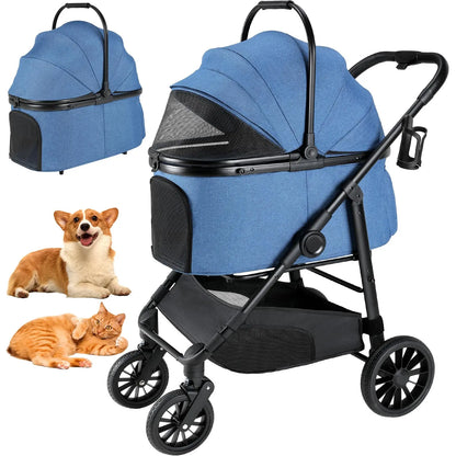 LIFERUN Pet Stroller for Medium Dogs Cats up to 55 Lbs, All-Terrain 3-In-1 Dog Stroller with Detachable Carrier, Rubber Wheels, One-Click Folding, Storage Basket & Cup Holder, for Senior Dogs & Cats