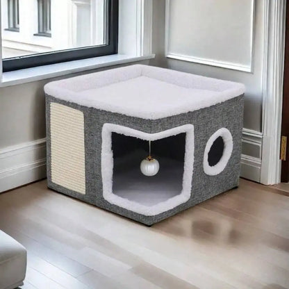A Cat Bed Suitable for Indoor Cats, with a Large Cat Hole for a Comfortable Apartment, Fluffy Hanging Balls, round Windows, a Foldable Indoor Cat House, Capable of Bearing up to 30 Pounds , with Double-Sided Soft Cushions, Suitable for All Seasons Home