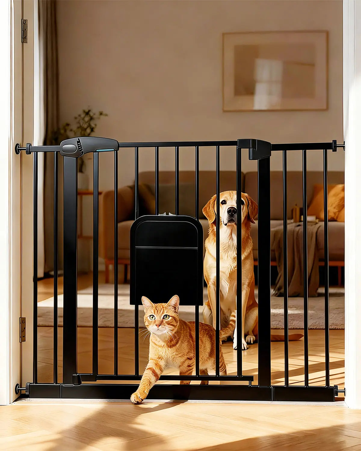 Adjustable Pet Gate with Cat Door, Auto-Close Pressure-Mounted Safety Gate for Doorways & Stairs – Ideal for Multi-Pet Homes (29–45 Inches, White/Black)