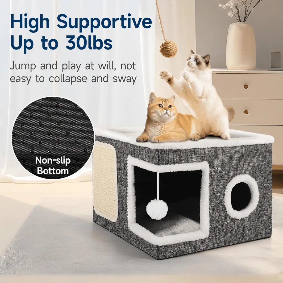A Cat Bed Suitable for Indoor Cats, with a Large Cat Hole for a Comfortable Apartment, Fluffy Hanging Balls, round Windows, a Foldable Indoor Cat House, Capable of Bearing up to 30 Pounds , with Double-Sided Soft Cushions, Suitable for All Seasons Home