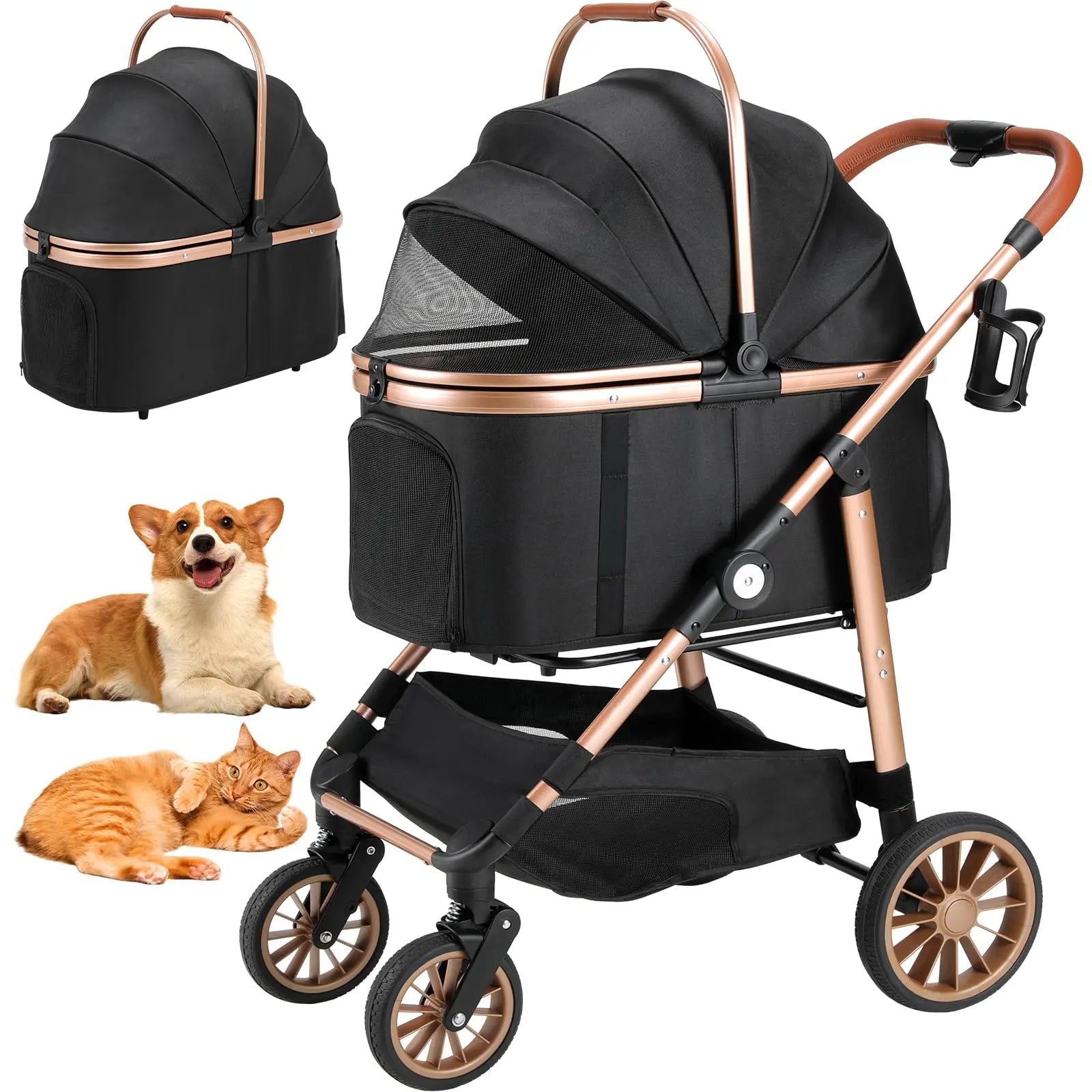 LIFERUN Pet Stroller for Medium Dogs Cats up to 55 Lbs, All-Terrain 3-In-1 Dog Stroller with Detachable Carrier, Rubber Wheels, One-Click Folding, Storage Basket & Cup Holder, for Senior Dogs & Cats