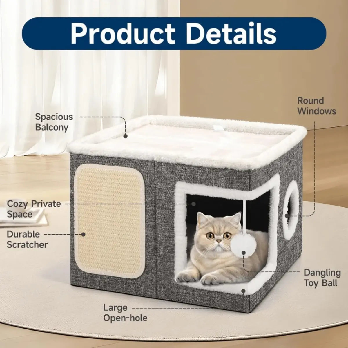 A Cat Bed Suitable for Indoor Cats, with a Large Cat Hole for a Comfortable Apartment, Fluffy Hanging Balls, round Windows, a Foldable Indoor Cat House, Capable of Bearing up to 30 Pounds , with Double-Sided Soft Cushions, Suitable for All Seasons Home