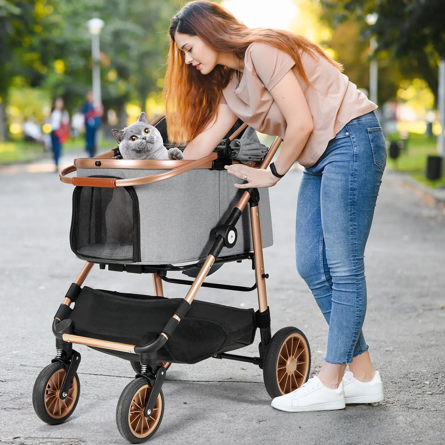 LIFERUN Pet Stroller for Medium Dogs Cats up to 55 Lbs, All-Terrain 3-In-1 Dog Stroller with Detachable Carrier, Rubber Wheels, One-Click Folding, Storage Basket & Cup Holder, for Senior Dogs & Cats
